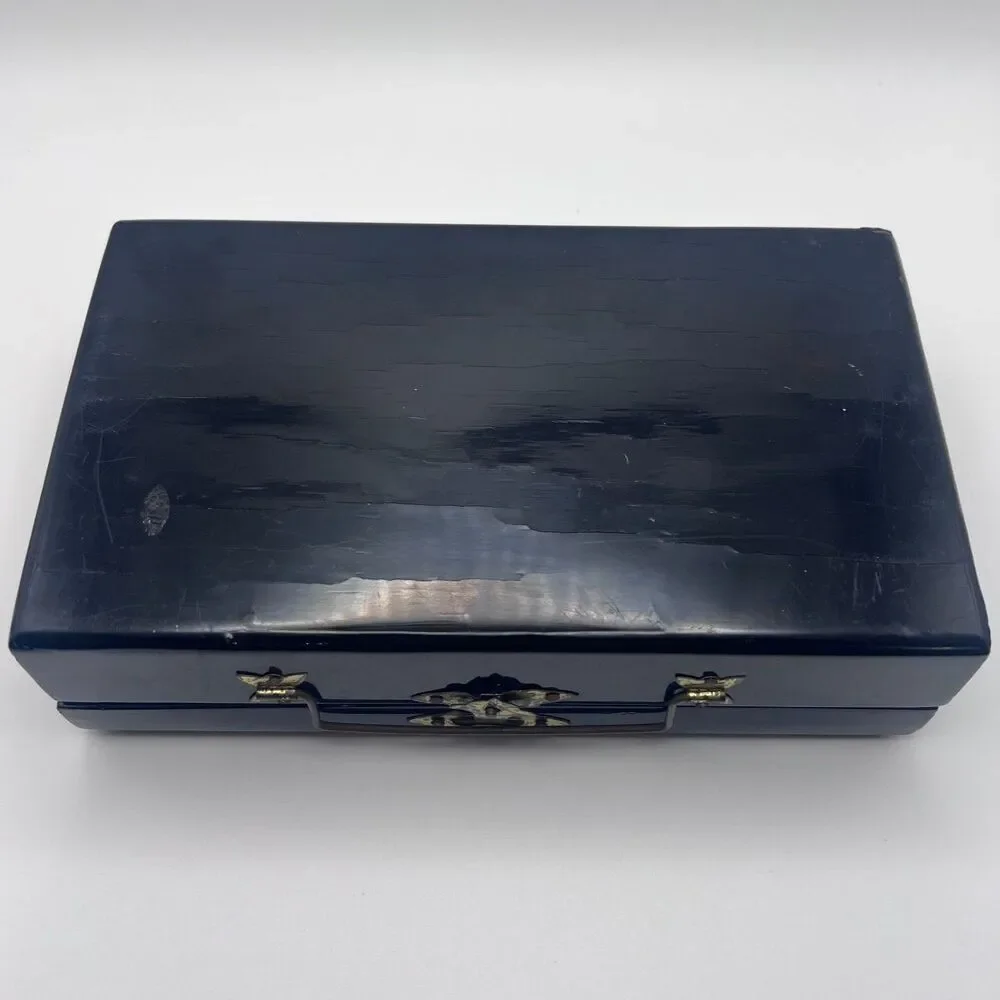 Vintage Asian Black Lacquer Jewelry Box, Inlaid Mother of Pearl Geisha Girls Box